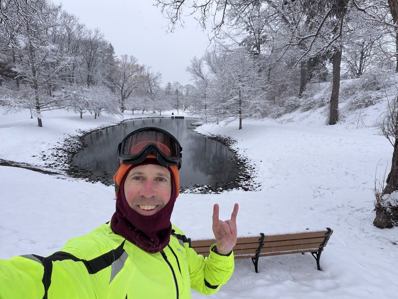 Gabe running through snowy Saratoga parks in winter